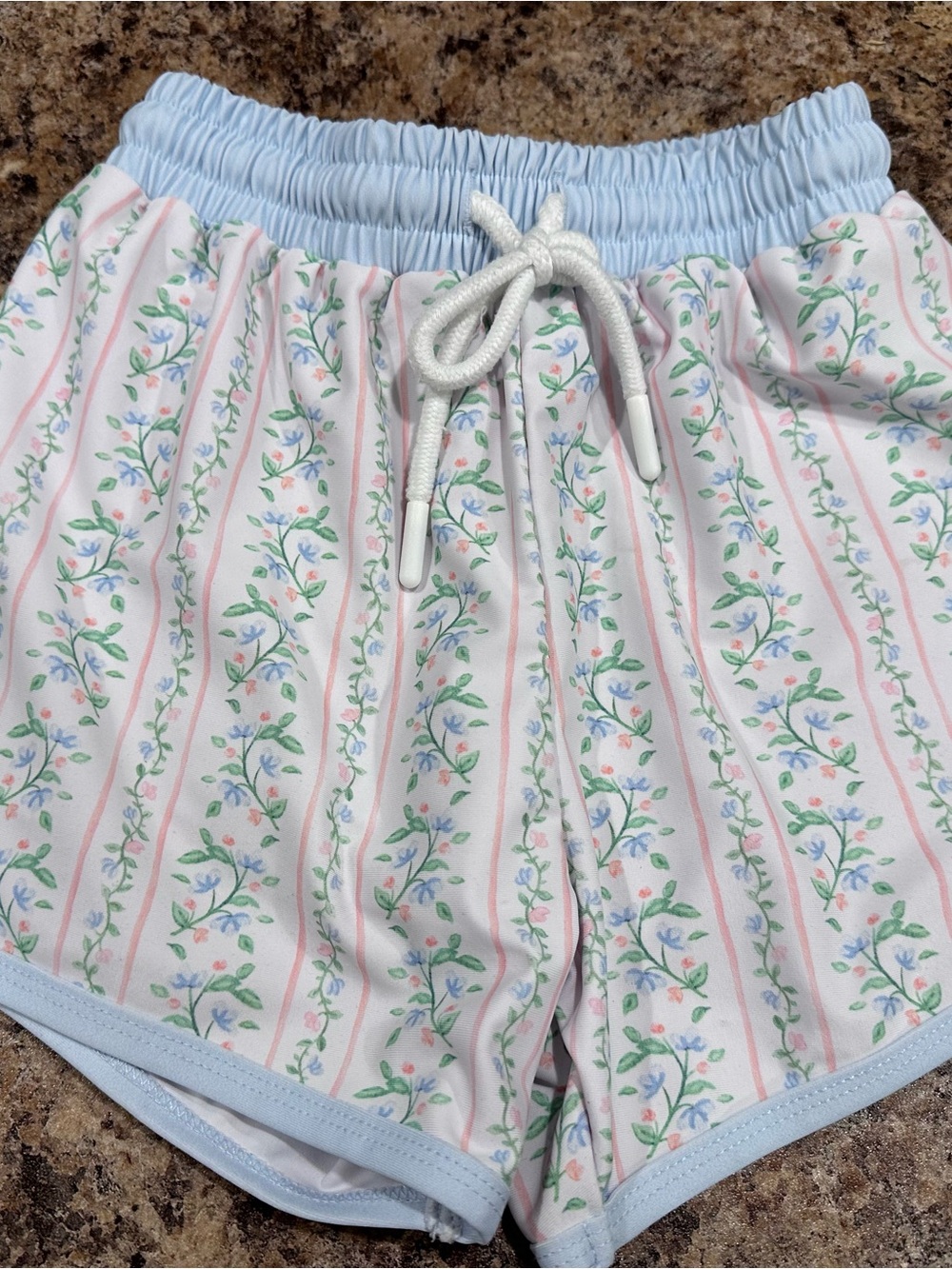 Southern Smocked Co. Pastel Floral Stripe Athletic Shorts - Lt Blue, Wt & Pink